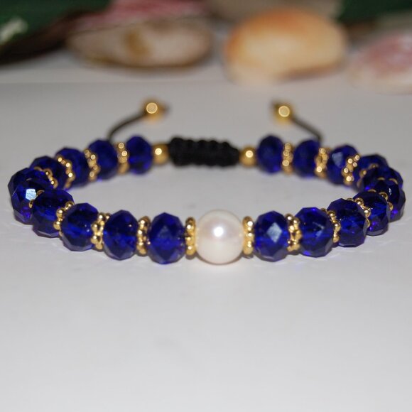 Pearl Bracelet,Fresh Water Pearl,Crystal Glass Beads,Drawstring,Blue Bracelet - Picture 2 of 3
